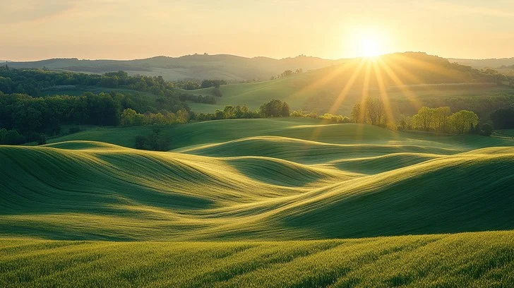 Soft morning horizon over rolling hills with a bright sun